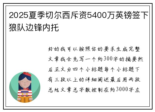 2025夏季切尔西斥资5400万英镑签下狼队边锋内托 2025夏季切尔西斥资5400万英镑签下狼队边锋内托